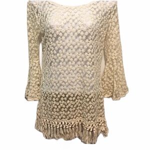 Ropalia Ivory Sheer Top with Tassel Hem